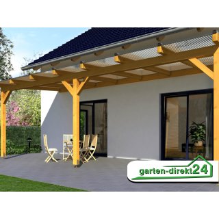 Natura Holz Terrassenüberdachungen mit Stegplatten 10,00m x 4,50m Deluxe, transparent Kiefer H-Pfostenanker zum Einbetonieren