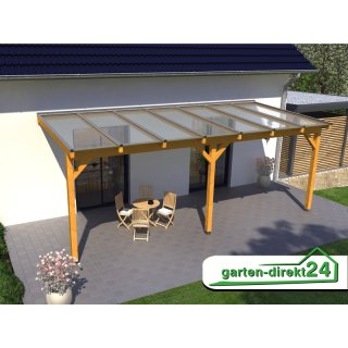 Natura Holz Terrassenüberdachungen mit Stegplatten 10,00m x 4,50m Deluxe, transparent Teak H-Pfostenanker zum Einbetonieren